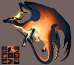  black_scales blue_skin breath_weapon breathing_fire colored_skin dragon dragon_horns fire from_side full_body gradient_skin grey_background highres horns monster monster_focus night_heart no_humans orange_skin original photo_inset reference_inset simple_background sketch slit_pupils solo spines western_dragon wings_of_fire yellow_eyes 