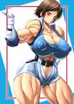  1girl abs breasts brown_eyes brown_hair elbow_gloves erect_nipples extreme_muscles fingerless_gloves gloves highres kazama_asuka muscle purukogi purukogi_(plasma_beach) tekken thick_thighs thighs unzipped 