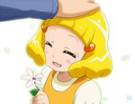  blonde_hair blush child closed_eyes flower hair_ornament hand_on_another's_head kise_yayoi kueru_(yuuki_tamerawanai) open_mouth precure smile smile_precure! younger 