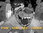 2025 anthro bodily_fluids canid canine canis dialogue domestic_dog drooling drooling_on_partner english_text eyewear fangs female female_penetrated female_pov first_person_view from_front_position genitals glasses hi_res humanoid_genitalia humanoid_penis lagomorph leporid looking_pleasured lying male male/female male_penetrating male_penetrating_female mammal missionary_position on_back penetration penile penile_penetration penis penis_in_pussy queue rabbit receiving_pov running_a_train saliva sex spincraze spot_color submissive submissive_pov taking_turns teeth text trudy_(spincraze) vaginal vaginal_penetration waiting