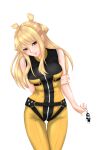  1girl absurdres arm_behind_back black_eyes blonde_hair bodysuit breasts character_charm charm_(object) highres lipstick looking_at_viewer makeup medium_breasts no_pupils sentai_daishikkaku sentouin_d sidelocks simple_background sleeveless sleeveless_bodysuit solo standing suzukiri_yumeko white_background yellow_bodysuit yugeno_xxx 