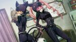  2girls :3 akiha_rumiho akiha_rumiho_(chat_noir) amane_suzuha amane_suzuha_(chat_noir) animal_ears ass bell belt belt_around_waist belt_buckle black-framed_eyewear blush bodysuit braid breasts brown_hair buckle calendar_(object) cat_belt_buckle cat_ears cat_headgear chat_noir_costume_(steins;gate) clenched_teeth closed_curtains couch curtains drawing_board drill_hair dutch_angle embarrassed fake_tail floating_hair future_gadget_lab game_cg gloves hair_tie hand_on_own_chest hand_on_own_hip headgear helmet highres huke impossible_bodysuit impossible_clothes indoors latex latex_bodysuit long_hair looking_at_viewer medium_breasts multiple_girls narrowed_eyes neck_bell official_art open_mouth own_hands_together pink-tinted_eyewear pink_eyes pink_hair purple_bodysuit purple_gloves refrigerator ringed_eyes shiny_clothes shiny_lips shoulder_pads skin_tight smile square_pupils star_(symbol) star_print steins;gate steins;gate:_linear_bounded_phenogram stuffed_animal stuffed_toy tail teeth tinted_eyewear tsurime twin_braids twin_drills twintails upa_(steins;gate) whiteboard yellow-tinted_eyewear yellow_eyes 