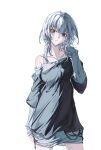  1girl absurdres bang_dream! bang_dream!_it&#039;s_mygo!!!!! black_shirt blue_eyes chinese_commentary collarbone commentary_request heterochromia highres kaname_raana layered_sleeves long_sleeves looking_at_viewer medium_hair open_mouth shirt short_over_long_sleeves short_sleeves simple_background single_off_shoulder solo white_background white_hair white_shirt wolf_cut yellow_eyes yuko_(user_uuju2584) 