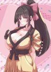  1girl black_gloves black_hair bow breasts cleavage fingerless_gloves gloves heart highres japanese_clothes kimono large_breasts mawile parted_bangs personification pink_background pink_bow pokemon ponytail solo standing tasuki yellow_kimono yokomiya4538 