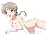  ahoge ass bad_id bad_pixiv_id blue_eyes blush bra braid breasts brown_hair choker covered_nipples elbow_gloves gloves large_breasts long_hair looking_at_viewer lynette_bishop open_mouth panties simple_background single_braid smile solo strike_witches thighhighs tonbi underwear underwear_only white_background white_bra white_gloves white_legwear white_panties world_witches_series 