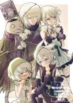  2girls 3boys :d ^_^ arm_around_shoulder bandaged_arm bandaged_leg bandaged_neck bandages blue_eyes blush book border braid braided_hair_rings breasts brother_and_sister closed_eyes closed_mouth commentary_request dual_persona emil_(nier) floating floating_book floating_object flower green_headscarf grimoire_weiss hair_flower hair_ornament hair_rings headscarf highres holding holding_flower kaine_(nier) medium_breasts multiple_boys multiple_girls negligee nier nier_(brother) nier_(brother)_(post_timeskip) nier_(brother)_(pre_timeskip) nier_(series) outside_border parted_bangs purple_scarf red_eyes scarf siblings smile standing tsukiakari115 watermark white_border white_flower yonah 