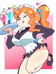  1girl ;q apron back_ribbon bare_legs black_dress black_shoes blue_ribbon blush_stickers border breasts chrono_08 closed_mouth dress drinking_straw english_commentary foot_out_of_frame foot_up frilled_apron frilled_dress frills hair_ribbon hairband hand_on_own_hip heart high_ponytail highres holding holding_plate large_breasts long_hair long_sleeves looking_at_viewer maid maid_apron maid_headdress nami_(one_piece) official_alternate_costume official_alternate_hairstyle one_eye_closed one_piece orange_eyes orange_hair outside_border plate ponytail ribbon shoes short_dress single_sidelock smile solo thighs tongue tongue_out turtleneck turtleneck_dress wavy_hair white_apron white_border white_hairband 