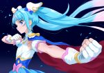  1girl blue_cape blue_dress blue_eyes blue_hair bow brooch cape clenched_hands commentary cure_sky cut_bangs detached_sleeves dress dress_bow earclip fingerless_gloves foreshortening gloves gradient_hair grin hair_ornament highres hirogaru_sky!_precure jewelry keshizumi_no_yudoufu long_hair magical_girl multicolored_hair petals pink_bow pink_hair precure puffy_detached_sleeves puffy_sleeves red_cape sidelocks sleeveless sleeveless_dress smile solo sora_harewataru streaked_hair twintails two-sided_cape two-sided_fabric two-tone_dress two-tone_hair very_long_hair white_dress white_gloves wind wing_brooch wing_hair_ornament 