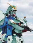  1990s_(style) cloud cloudy_sky english_commentary gundam holding_unworn_helmet katoki_hajime machinery mecha mecha_pilot_suit official_art promotional_art retro_artstyle robot scan science_fiction sky traditional_media uso_ewin v-fin v_gundam victory_gundam 