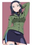  1girl arm_behind_head ass_visible_through_thighs black_hair border breasts closed_mouth commentary_request comoli_harcourt contrapposto eyelashes green_jacket gundam gundam_gquuuuuux highres jacket large_breasts looking_at_viewer makiri_akira medium_hair mole mole_under_eye outside_border pencil_skirt red_background simple_background skirt solo standing white_border 