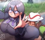  2girls absurdres artist_name black_hair breasts brown_hair dress face_in_ass fedora grabbing_another&#039;s_ass groping hair_between_eyes harmony_(pokemon) hat hex_maniac_(pokemon) hex_maniac_(pokemon_legends:_z-a) highres large_breasts multiple_girls pokemon pokemon_legends:_z-a purple_dress semi_draws smelling smelling_ass yuri 