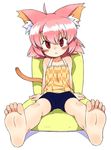  animal_ears barefoot borrowed_character cat_ears cat_tail child eroneko-san feet full_body original oyatsu_(mk2) pink_hair red_eyes short_hair shorts sitting soles solo tail toes 