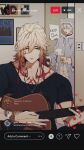  2boys absurdres animal_hood arm_tattoo black_choker black_shirt blonde_hair blue_pajamas braid cat_hood chest_tattoo choker closed_eyes commentary_request cup facial_tattoo ggtnnk gradient_hair guitar hair_between_eyes highres holding holding_cup holding_guitar holding_instrument honkai:_star_rail honkai_(series) hood hood_up instrument jewelry livestream male_focus medium_hair multicolored_hair multiple_boys mydei_(honkai:_star_rail) necklace official_alternate_costume onesie pajamas phainon_(honkai:_star_rail) red_hair red_tattoo shirt short_hair short_sleeves side_braid tattoo white_hair yawning yellow_eyes 
