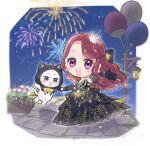  1girl aerial_fireworks ahoge animal back_bow bare_shoulders bead_bracelet beads black_bow black_cloak black_dress black_gloves border bow bowtie bracelet cat chibi cloak clothed_animal cobblestone commentary_request crown dress ear_covers earrings elbow_gloves eyelashes fireworks flower frilled_gloves frills gloves gown grey_eyes hair_bow happy highres holding_hands hood hood_up hooded_cloak infinity_nikki jewelry lamp lamppost light_blush light_particles long_dress long_hair mini_crown momo_(nikki) multiple_bracelets navel necklace neneko_(nnk_suimin) night night_sky nikki_(series) open_mouth outdoors outline outside_border outstretched_arm parted_bangs pink_eyes pink_flower plant potted_plant red_hair ribbon-trimmed_cloak ribbon-trimmed_hood ribbon_trim sidelocks sky smile star_(sky) stardust_flare_(infinity_nikki) starry_sky strapless strapless_dress striped_clothes striped_dress swept_bangs tareme teeth upper_teeth_only vertical-striped_clothes vertical-striped_dress very_long_hair wavy_hair whiskers white_border white_cat white_crown white_outline yellow_bow yellow_bowtie 