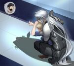  3boys arm_around_waist armor arms_up black_boots black_coat black_gloves black_hair blonde_hair blue_pants blue_shirt boots cat_shadow_puppet_(meme) cloud_strife coat commentary confused crisis_core_final_fantasy_vii final_fantasy final_fantasy_vii full_body gloves grey_hair hand_on_own_chin hand_up highres hug hug_from_behind indoors jeriafterdark long_bangs long_coat long_hair long_sleeves looking_down male_focus meme multiple_boys open_mouth pants pauldrons sephiroth shinra_infantry_uniform shirt short_hair shoulder_armor squatting twitter_username very_long_hair zack_fair 