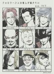  6+boys abunaideka beard beard_stubble character_request closed_mouth copyright_request dracule_mihawk evil_smile facial_hair followers_favorite_challenge goatee golden_kamuy hat hat_feather highres izou_(one_piece) looking_at_viewer male_focus marco_(one_piece) multiple_boys multiple_drawing_challenge mustache one_piece red_hair scar scar_on_chin scar_on_face shanks_(one_piece) sideburns smile stubble sunglasses tsurumi_tokushirou twitter_username x_drake 