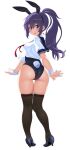  1girl animal_ears ass black_one-piece_swimsuit black_sailor_collar black_thighhighs blush breasts dd_(ijigendd) fake_animal_ears fake_tail full_body hair_between_eyes high_heels highres long_hair looking_at_viewer medium_breasts one-piece_swimsuit open_mouth original ponytail purple_eyes purple_hair rabbit_ears rabbit_tail sailor_collar school_swimsuit school_uniform shirt sidelocks simple_background smile solo standing swimsuit tail thighhighs thighs white_background white_shirt wrist_cuffs 