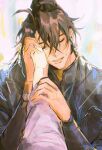  1boy aeferjam ahoge black_hair black_hanfu chinese_clothes chu_wanning closed_eyes dimple erha_he_tadebai_mao_shizun grin hand_on_another's_arm hanfu high_ponytail highres holding_hands long_hair long_sleeves male_focus mo_ran out_of_frame ponytail smile upper_body white_hanfu 