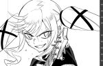  1girl aoki_shizumi art_program_in_frame commentary_request electric_guitar greyscale grin guitar instrument looking_at_viewer monochrome rock_wa_lady_no_tashinami_deshite smile solo suzunomiya_lilisa sweat twintails v-shaped_eyebrows 