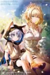  2girls aged_down aglaea_(honkai:_star_rail) aminww_amingming ancient_greek_clothes animal_ear_fluff animal_ears animal_hood bandaged_leg bandages blonde_hair blue_eyes breasts brown_dress cat_ears cat_girl cat_hood cat_tail cipher_(honkai:_star_rail) cleavage commentary_request dress greco-roman_clothes green_eyes grey_hair high_heels highres honkai:_star_rail honkai_(series) hood large_breasts laurel_crown multiple_girls on_bench pixiv_id sitting tail twitter_username white_dress 