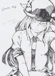  bad_id bad_pixiv_id blush dated food fruit hat hinanawi_tenshi long_hair monochrome peach solo takeuma tears touhou 