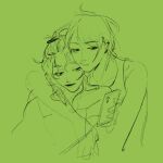  2girls ahoge arm_around_shoulder b0xy cellphone closed_mouth commentary_request ear_piercing green_theme heads_together highres holding holding_phone indonesian_commentary kininatteru_hito_ga_otoko_ja_nakatta koga_mitsuki looking_down monochrome multiple_girls oosawa_aya phone piercing short_hair sketch smartphone tank_top yuri 
