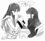  2girls aoki_hina bang_dream! bang_dream!_it&#039;s_mygo!!!!! cat chinese_commentary commentary_request electric_guitar greyscale guitar holding holding_microphone instrument jacket jhon_trick long_hair microphone monochrome multiple_girls name_connection sheep shirt sidelocks simple_background white_background youmiya_hina 