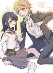  1boy 1girl akizakura_iori bad_link belt black_hair black_skirt blonde_hair blush crossdressing gakuran green_eyes highres ikemen_joshi_to_josou_danshi jacket kneehighs long_sleeves mirumiru open_clothes open_jacket open_mouth pants pleated_skirt rindou_hazuki school_uniform serafuku shirt short_hair skirt socks white_shirt 