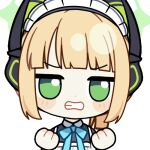  1girl angry animal_ear_headphones animal_ears animated animated_gif apron aqua_bow aqua_bowtie black_dress blonde_hair blue_archive blunt_bangs blunt_ends blush_stickers bow bowtie cat_ear_headphones cat_ears chibi chunye_haruya clenched_hands clenched_teeth collared_dress commission contrast_collar disembodied_hand dot_nose dress fake_animal_ears green_eyes green_halo halo headphones jitome looking_to_the_side lowres maid maid_apron maid_headdress midori_(blue_archive) midori_(maid)_(blue_archive) missing_commentary official_alternate_costume official_alternate_hairstyle ponytail second-party_source short_hair sidelocks simple_background solo teeth transparent_background upper_body v-shaped_eyebrows white_apron white_headdress 