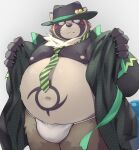  1boy animal_ears bara belly blush claws closed_mouth commentary_request fang fang_out fat fundoshi furry furry_male green_necktie highres japanese_clothes kinoshita_jiroh live_a_hero male_focus navel necktie nipples raccoon_boy raccoon_ears raccoon_tail shoen_(live_a_hero) striped_necktie sweatdrop tail undressing whiskers 