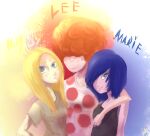  3girls belt black_tank_top blonde_hair blue_eyes blue_hair cartoon_network curly_hair ed_edd_n_eddy grey_eyes hug marie_kanker matthewlok multiple_girls orange_hair polka_dot polka_dot_shirt shirt siblings simple_background sisters smile tank_top v 