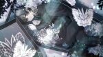  1boy :| black_butterfly black_eyes black_hair black_necktie black_suit black_vest bug butterfly closed_mouth coffin collared_shirt double-parted_bangs e.g.o_(project_moon) feet_out_of_frame flower full_body gloves hair_between_eyes highres kinugasa0400 leaf lens_flare light_particles limbus_company looking_at_viewer lying male_focus necktie on_side project_moon shirt short_hair solemn_lament_(e.g.o) solo suit vest white_butterfly white_flower white_gloves white_shirt yi_sang_(project_moon) 
