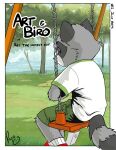 anthro art_(pandapaco) bottomwear cheek_tuft clothed clothing comic detailed_background dipstick_tail eyewear facial_tuft feet_together footwear fully_clothed gloves_(marking) hi_res male mammal markings pandapaco procyonid raccoon solo tail tail_markings tuft