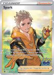  1boy artist_name black_jacket blonde_hair blue_eyes card_(medium) character_name company_name copyright_logo copyright_name copyright_notice english_text gloves grass holding holding_poke_ball hood hood_down hoodie jacket jewelry long_sleeves male_focus necklace official_art open_clothes open_jacket outdoors poke_ball poke_ball_(basic) pokemon pokemon_card pokemon_go pokemon_tcg rock saitou_naoki short_hair smile solo spark_(pokemon) sunlight teeth third-party_source trading_card yellow_gloves yellow_hoodie zapdos 