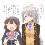  2girls black_jacket blazer blush_stickers bow braid brown_cardigan brown_sweater cardigan chibi closed_mouth collared_shirt grey_hair hair_between_eyes hair_bow hands_up higuchi_kaede higuchi_kaede_(1st_costume) jacket long_hair lowres multiple_girls necktie nijisanji open_clothes open_jacket pink_bow ponytail purple_eyes purple_necktie rebecca_(keinelove) school_uniform shirt simple_background sweater translation_request tsukino_mito tsukino_mito_(1st_costume) upper_body very_long_hair virtual_youtuber white_background white_bow white_shirt 