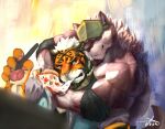 anthro beard black_beard black_facial_hair blue_eyes brown_beard brown_body brown_facial_hair brown_fur canid canine canis closed_smile clothed clothing duo dust_yang eyes_closed facial_hair felid food fur green_clothing green_hat green_headwear hair hat headgear headwear holding_tablet_pen male mammal mouth_closed muscular muscular_anthro muscular_male pantherine pizza short_hair signature smile tiger white_body white_fur white_hair wolf yellow_body yellow_fur