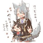  2girls :d animal_ears black_hair black_jacket blazer bow brown_sweater chibi clenched_hands closed_eyes collared_shirt cropped_legs fang grey_hair hair_between_eyes hair_bow hair_ornament hairclip hands_up higuchi_kaede higuchi_kaede_(1st_costume) jacket lowres mini_person minigirl multiple_girls necktie nijisanji open_clothes open_jacket ponytail purple_necktie rebecca_(keinelove) school_uniform shirt simple_background smile sweater tail thighhighs translation_request tsukino_mito tsukino_mito_(1st_costume) virtual_youtuber white_background white_bow white_shirt white_thighhighs 