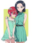  2girls amate_yuzuriha anime_coloring aqua_dress aqua_eyes belt black_belt blue_dress breasts closed_mouth collarbone commentary_request comoli_harcourt dress earrings frilled_sleeves frills gundam gundam_gquuuuuux hair_between_eyes hair_ornament highres jewelry kousuke0912 light_blush looking_at_viewer medium_hair mole mole_under_eye multiple_girls puffy_short_sleeves puffy_sleeves red_hair ribbon short_hair short_sleeves simple_background smile split_mouth upper_body white_background white_ribbon 