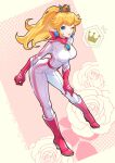  1girl bandana biker_clothes biker_peach bikesuit blonde_hair blue_eyes bodysuit boots breasts closed_mouth crown earrings gloves highres jewelry large_breasts long_hair looking_at_viewer mario_(series) mario_kart mario_kart_world official_alternate_costume one_eye_closed pink_bandana pink_bodysuit pink_gloves pink_lips pink_scarf ponytail princess_peach racing_suit rakugakifuyu scarf smile solo sphere_earrings 