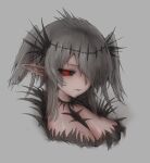  1girl black_collar black_lips black_sclera black_skirt black_souls black_souls_2 black_wings breasts cleavage closed_mouth collar colored_sclera courtisane_(black_souls) ear_piercing grey_background grey_hair hair_ornament hair_over_eyes hair_over_one_eye head_wings highres looking_at_viewer medium_hair mole mole_on_breast mole_under_mouth nose piercing pointy_ears red_eyes short_twintails sidelocks simple_background skirt solo twintails wings wrangelina 