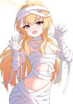  1girl absurdres ahoge bandaged_arm bandaged_chest bandaged_hand bandaged_head bandaged_neck bandages bare_shoulders blonde_hair blue_archive blush breasts brown_eyes claw_pose collarbone commentary cowboy_shot hair_between_eyes hair_down halloween_costume halo hands_up highres long_hair looking_at_viewer moru_(moru20000) mummy_costume navel official_alternate_costume official_alternate_hairstyle open_mouth sidelighting sidelocks simple_background small_breasts solo v-shaped_eyebrows very_long_hair wavy_mouth white_background yellow_halo yoshimi_(blue_archive) yoshimi_(halloween)_(blue_archive) 