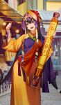  1girl bead_necklace beads breasts brown_hair clothing_request commentary_request earrings fate/grand_order fate_(series) food game_cg hair_rings hands_up hat holding holding_food jewelry long_hair looking_to_the_side mini_hat necklace official_alternate_costume official_art okazaki_takeshi open_mouth outdoors oversized_food oversized_object photo_background purple_eyes solo standing teeth third-party_source upper_teeth_only very_long_hair xuangzang_sanzang_(fate) 