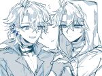  2boys antenna_hair caecla choker closed_mouth collared_shirt dual_persona ear_piercing gloves hair_between_eyes happy high_collar highres holding_hands honkai:_star_rail honkai_(series) hood hood_up hoodie korean_commentary leaning_to_the_side looking_at_another looking_to_the_side monochrome multiple_boys open_mouth pectoral_cleavage pectorals phainon_(honkai:_star_rail) piercing selfcest shaded_face shirt short_hair simple_background spoilers spoken_notice_lines standing sweatdrop upper_body wavy_hair white_background yaoi 