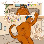 1:1 apron barazoku baseball_cap black_nose butt casual_nudity cheering clothed clothed/nude clothing comic dialogue domestic_cat felid feline felis fur furniture fuzzy fuzzy_tail genitals hat headgear headwear hi_res inside male mammal nude orange_body orange_fur osmond_(p_rindustries) p_rindustries penis raised_arm signature sitting slightly_chubby smile sofa standing tail teeth text whisker_spots white_body white_fur wilt_(p_rindustries)