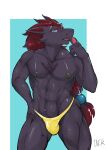absurd_res anthro breasts canid canine clothing cunnilingus_gesture generation_5_pokemon gesture hair hi_res male mammal muscular muscular_male nintendo nipple_piercing nipples piercing pokemon pokemon_(species) red_hair simple_background solo standing suggestive suggestive_gesture swimwear tonuge_out workakeius zoroark