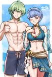  1boy 1girl ;) abs alternate_costume arm_up bare_shoulders bikini blue_bikini blue_hair blue_sarong breasts cleavage fire_emblem fire_emblem:_three_houses fire_emblem_heroes green_eyes green_hair hand_on_own_chest highres large_breasts male_byleth_(fire_emblem) marianne_von_edmund marianne_von_edmund_(summer) marianne_von_edmund_(timeskip) muscular muscular_male one_eye_closed outdoors rotomdocs sarong short_hair smile swimsuit thighs thumbs_up topless_male 