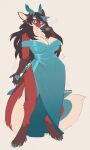 absurd_res anthro auveiss big_breasts blue_body blue_claws blue_clothing blue_dress blue_hair blue_hands blue_horn blue_tail breasts brown_body brown_fur brown_hands brown_paws canid canine claws clothed clothing costume dragon dress evening evening_dress eyewear female fingers fox fur furred_dragon furred_scalie gala_dress glasses green_eyes hair hi_res horn hybrid mammal mythological_creature mythological_scalie mythology non-mammal_breasts paws pink_eyes red_body red_fur red_tail scalie solo tail tan_body tan_fur tan_tail thick_thighs vyse_renata wide_hips