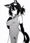  1girl alternate_costume animal_ears arknights bare_shoulders blush breast_suppress breasts china_dress chinese_clothes closed_mouth commentary_request cowboy_shot dot_nose dress elbow_gloves female_pubic_hair gloves goggles goggles_on_head greyscale groin hair_between_eyes highres large_breasts looking_at_viewer makigirisu monochrome navel nipples pelvic_curtain pubic_hair pussy rockrock_(arknights) see-through_clothes see-through_dress short_hair side_slit simple_background sleeveless sleeveless_dress solo standing tail white_background 