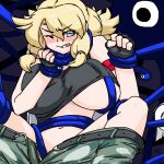  1girl bare_shoulders black_tank_top blonde_hair blue_eyes blush breasts calenda_(kemono_friends) cellien_(kemono_friends) clothes_lift clothes_pull gloves huge_breasts imminent_rape kemono_friends kemono_friends_3 kusamogura lifting_another&#039;s_clothes long_hair looking_at_viewer navel one_eye_closed pants pants_pull restrained shirt shirt_lift sleeveless solo spread_legs tank_top tentacle_grab tentacles tentacles_under_clothes twintails 