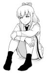  1boy blush bow closed_mouth collared_shirt commentary_request convenient_leg crossdressing crossdressing_(mtf) full_body greyscale hair_bow knees_up long_hair long_sleeves looking_at_viewer male_focus monochrome necktie no_shoes pleated_skirt ponytail school_uniform shirt sidelocks simple_background sitting skirt smile socks solo striped_bow sweater_vest trap twitter_username wada_(watamote) watashi_ga_motenai_no_wa_dou_kangaetemo_omaera_ga_warui! white_background wig yashiro_aki 